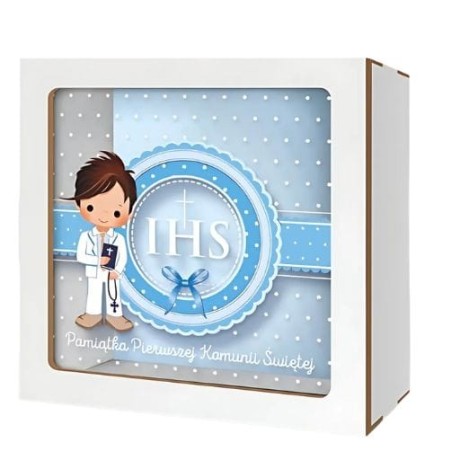 Przejdź do produktu Skarbonka z okienkiem KOMUNIA - Chłopiec Niebieski - #3301-KOM4