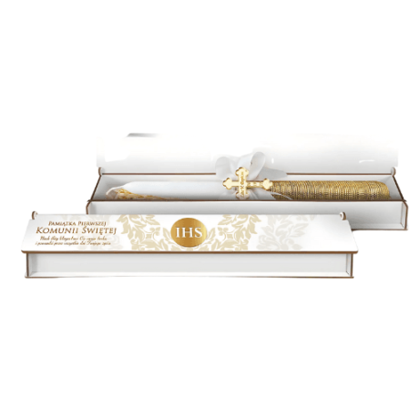 Przejdź do produktu Pudełko na świecę Pamiątka I KOMUNII Świętej - Złoty IHS - #3345-KOM5