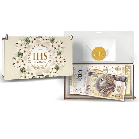 Przejdź do produktu Pudełko na pieniądze i czekoladę - Pamiątka I KOMUNII Świętej - Wianek - #3344-KOM2