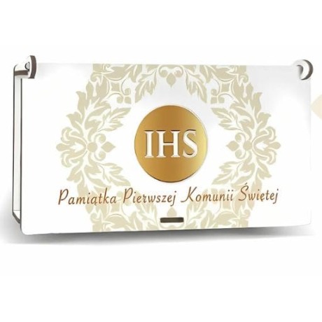 Przejdź do produktu Pudełko na pieniądze i czekoladę - Pamiątka I KOMUNII Świętej - Złoty IHS - #3344-KOM5