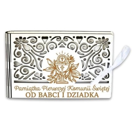 Przejdź do produktu Pudełko na pieniądze banknotówka KOMUNIA - od BABCI i DZIADKA - Ażur - #3302A-KOM1B-BD