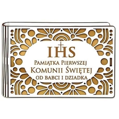 Przejdź do produktu Pudełko na pieniądze banknotówka KOMUNIA - od BABCI i DZIADKA - Ażur - #3302A-KOM3Z-BD