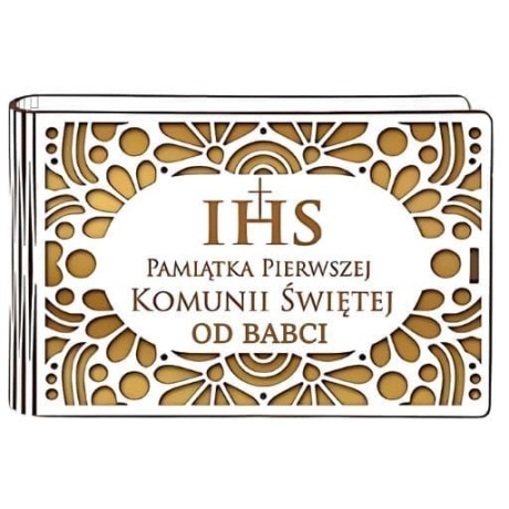 Przejdź do produktu Pudełko na pieniądze banknotówka KOMUNIA - od BABCI - Ażur - #3302A-KOM3Z-B