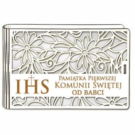 Przejdź do produktu Pudełko na pieniądze banknotówka KOMUNIA - od BABCI - Ażur - #3302A-KOM2B-B