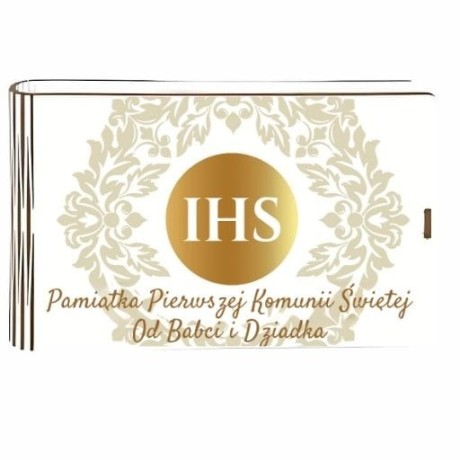 Przejdź do produktu Pudełko na pieniądze banknotówka KOMUNIA - od Babci i Dziadka - Złoty IHS - #3302-KOM5BD