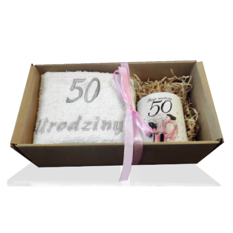 Przejdź do produktu Zestaw kubek + ręcznik na 50 urodziny Elegantka Pani #3328EPI50