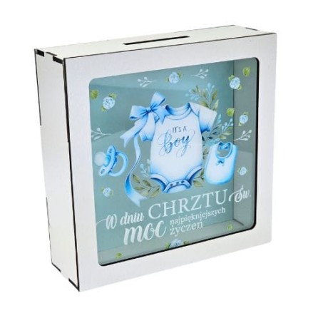 Przejdź do produktu Skarbonka z okienkiem na chrzest chłopiec niebieski #3301CHBN