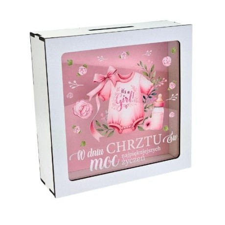 Przejdź do produktu Skarbonka z okienkiem na chrzest dziewczynka różowa #3301CHGR