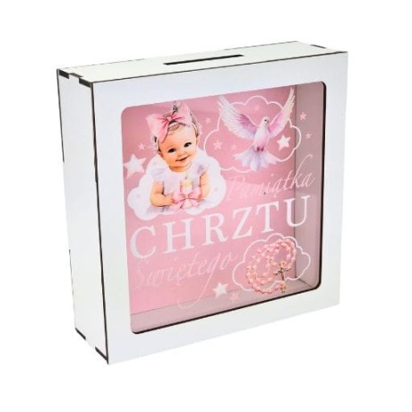 Przejdź do produktu Skarbonka z okienkiem na chrzest dziewczynka różowa #3301CHDR