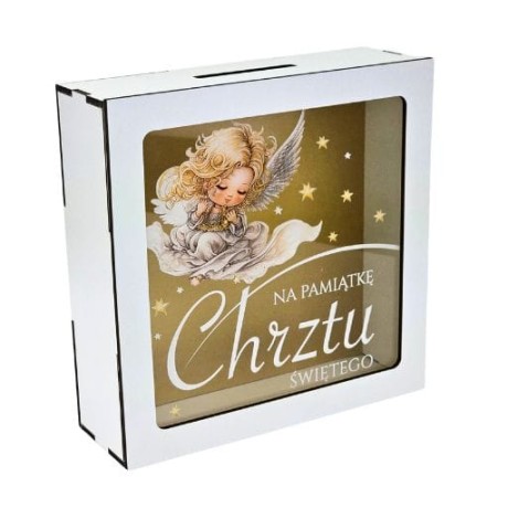 Przejdź do produktu Skarbonka z okienkiem na chrzest aniołek #3301CHAN