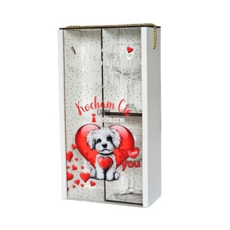 Przejdź do produktu Skrzynka Duo pudełko na wino + 2 kieliszki dla zakochanych Walentynki - Pieski Paski - #3350WAL2