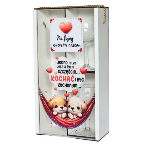Przejdź do produktu Skrzynka Duo pudełko na wino + 2 kieliszki dla zakochanych Walentynki - Pieski Sweet - #3350WAL3