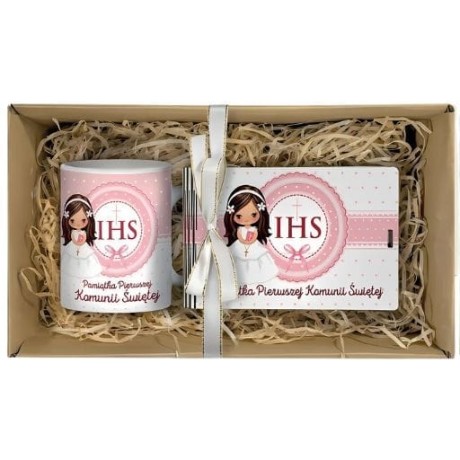 Przejdź do produktu Zestaw KUBEK + BANKNOTÓWKA na pieniądze KOMUNIA - Dziewczynka Różowa - #3346-KOM3