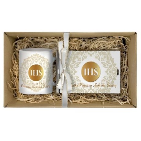 Przejdź do produktu Zestaw KUBEK + BANKNOTÓWKA na pieniądze KOMUNIA - Złoty IHS - #3346-KOM5